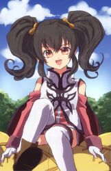 Rule 34 | 1girl, anise tatlin, black hair, brown eyes, cloud, doll, gloves, long hair, looking at viewer, murata tefu, open mouth, ribbon, smile, solo, surcoat, tales of (series), tales of the abyss, thighhighs, tokunaga (tales), twintails, white gloves