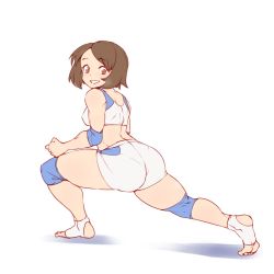 Rule 34 | 1girl, alternate muscle size, ass, brown hair, creatures (company), elbow pads, full body, game freak, gloria (pokemon), grin, hanzo (2929), highres, knee pads, looking back, lunging, midriff, nintendo, parted bangs, pokemon, pokemon swsh, short hair, shorts, simple background, smile, solo, sports bra, sportswear, stretching, white background