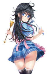 Rule 34 | 10s, 1girl, ahoge, apron, ass, black hair, black thighhighs, blue eyes, blush, breasts, cover image, highres, hisasi, ladle, large breasts, long hair, looking at viewer, netoge no yome wa onna no ko janai to omotta?, official art, plaid, plaid skirt, short sleeves, simple background, skindentation, skirt, smile, solo, staff, tamaki ako, tareme, thigh gap, thighhighs, upskirt, white background, zettai ryouiki