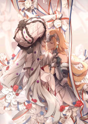 Rule 34 | 2girls, absurdres, armor, armored dress, blonde hair, blue flower, chain, dress, fate/grand order, fate (series), faulds, flower, fur trim, gauntlets, headpiece, highres, holding hands, jeanne d&#039;arc (fate), jeanne d&#039;arc (ruler) (fate), jeanne d&#039;arc (third ascension) (fate), long hair, marie antoinette (fate), marie antoinette (third ascension) (fate), multiple girls, no-kan, plackart, red flower, twintails, very long hair, white dress, white hair, yuri