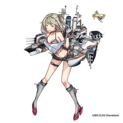 Rule 34 | 1girl, :q, absurdres, aircraft, airplane, american flag, arm up, artist request, bare shoulders, bikini, bikini under clothes, boots, breasts, cannon, closed mouth, collarbone, earrings, flag, full body, gloves, gyakushuu no hoshiumi, hair ornament, hairclip, high heel boots, high heels, highres, jewelry, knee boots, kneehighs, leaning forward, licking lips, lips, looking at viewer, machinery, medium breasts, mole, mole under eye, navel, off shoulder, original, ship, short shorts, shorts, side ponytail, silver hair, simple background, smile, socks, solo, striped bikini, striped clothes, swimsuit, thigh strap, tongue, tongue out, turret, uss cleveland (cl-55), watercraft, white background, white gloves, world of warships, yellow eyes
