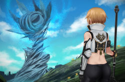 Rule 34 | 10s, 1girl, ass, blue sky, brown hair, character request, day, facing away, god eater, holding, holding weapon, nyifu, outdoors, short hair, sky, solo, standing, weapon
