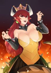 Rule 34 | absurdres, armor, black collar, black nails, black skirt, bowsette, bracelet, breastplate, breasts, bustier, claw pose, cleavage, collar, crown, earrings, fangs, fire, hair between eyes, highres, horns, jewelry, large breasts, long hair, looking at viewer, mario (series), nail polish, new super mario bros. u deluxe, nintendo, open mouth, pleated skirt, pointy ears, red eyes, red hair, skirt, solo, spiked bracelet, spiked collar, spiked shell, spiked tail, spikes, strapless, super crown, tail, turtle shell, xkit