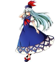 Rule 34 | 1girl, baba (baba seimaijo), blue dress, blue hair, brown eyes, dress, full body, hat, kamishirasawa keine, long hair, looking away, md5 mismatch, puffy sleeves, resized, resolution mismatch, shoes, short sleeves, solo, source larger, touhou, transparent background, very long hair