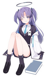 Rule 34 | 1girl, absurdres, ass, black footwear, black gloves, black skirt, black socks, blue archive, blue necktie, blush, book, clenched teeth, collared shirt, formal, full body, gloves, h9 99999, halo, highres, jacket, long hair, long sleeves, looking at viewer, mechanical halo, necktie, one eye closed, open clothes, open jacket, pleated skirt, purple eyes, purple hair, shirt, shoes, simple background, skirt, socks, solo, suit, teeth, two-sided fabric, two-sided jacket, two side up, white jacket, white shirt, yuuka (blue archive)