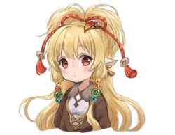 Rule 34 | 1girl, bad id, bad pixiv id, blonde hair, blush, brown dress, collared shirt, dress, earrings, granblue fantasy, hair between eyes, hair ribbon, harvin, head tilt, jewelry, long hair, looking at viewer, mahira (granblue fantasy), nuno (pppompon), pointy ears, ponytail, red eyes, red ribbon, ribbon, shirt, simple background, solo, upper body, white background, white shirt