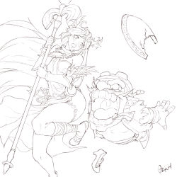 Rule 34 | 1boy, 1girl, blush, broken, commentary, english commentary, facial hair, fingerless gloves, gloves, greyscale, highres, holding, holding staff, kid icarus, kid icarus uprising, long hair, looking back, monochrome, mustache, nintendo, open mouth, ozkh, palutena, shield, sketch, staff, super smash bros., thighhighs, traditional media, wario, warioware