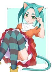 Rule 34 | 1girl, 299 nkku, :&lt;, adjusting hair, animal ears, aqua background, aqua hair, aqua thighhighs, boots, border, breasts, cat ears, cat tail, commentary, dress, feet out of frame, green eyes, grey thighhighs, hands up, hikimayu, kemonomimi mode, light blush, long hair, monogatari (series), on ground, ononoki yotsugi, orange dress, outside border, parted lips, petticoat, puffy short sleeves, puffy sleeves, rubber boots, short eyebrows, short sleeves, sidelocks, simple background, sitting, small breasts, solo, striped clothes, striped thighhighs, tail, thick eyebrows, thighhighs, twintails, two-tone thighhighs, white border, yellow footwear