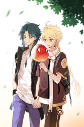 Rule 34 | 2boys, aether (genshin impact), ahoge, alternate costume, blonde hair, blush, braid, cotton candy, earrings, facial mark, food, forehead mark, genshin impact, gradient background, hair between eyes, hand in pocket, hei lang, highres, holding, holding food, holding hands, jewelry, leaf, long hair, multiple boys, open mouth, pants, scarf, shirt, short sleeves, simple background, single braid, single earring, slime (genshin impact), smile, vest, white scarf, xiao (genshin impact), yaoi, yellow eyes