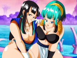 Rule 34 | 2girls, bare shoulders, black eyes, black hair, blue eyes, blue hair, breasts, bulma, chi-chi (dragon ball), choker, cleavage, dragon ball, dragonball z, earrings, female focus, fusion, gloves, jewelry, kneeling, large breasts, long hair, multicolored hair, multiple girls, multiple persona, nala1588, potara earrings, thick thighs, thighs, two-tone hair, wide hips