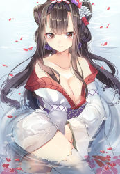 Rule 34 | 1girl, bare shoulders, blush, breasts, brown eyes, brown hair, cherry blossoms, cleavage, floral print, hair ornament, highres, huaniao juan, japanese clothes, long hair, looking at viewer, medium breasts, onmyoji, partially submerged, sash, smile, solo, takitou, wide sleeves