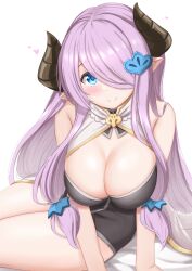 Rule 34 | 1girl, arm support, bare shoulders, black dress, blue eyes, breasts, cleavage, cleavage cutout, closed mouth, clothing cutout, cowboy shot, dress, gold trim, granblue fantasy, hair ornament, hair over one eye, head tilt, heart, highres, horns, kibihimi, large breasts, leaning forward, light blush, long hair, looking at viewer, narmaya (granblue fantasy), one eye covered, pointy ears, purple hair, sidelocks, sitting, sleeveless, sleeveless dress, smile, solo, straight hair, strapless, strapless dress, swept bangs, white background