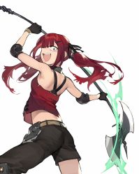 Rule 34 | axe, black gloves, black pants, crazy eyes, cz75 (girls&#039; frontline), duoyuanjun, elbow pads, fighting stance, getter robo, girls&#039; frontline, gloves, highres, pants, red hair, shin getter robo, solo, tank top, twintails, weapon