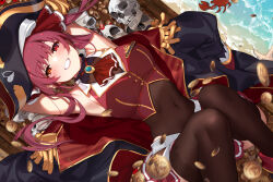 Rule 34 | 1girl, animal, armpits, arms up, beach, bicorne, black coat, black hat, breasts, brown thighhighs, coat, coin, commentary, covered navel, crab, cropped jacket, eyepatch, grin, hair ribbon, hat, highres, hololive, houshou marine, houshou marine (1st costume), jacket, large breasts, long hair, looking at viewer, lucidsky, lying, miniskirt, on back, orange eyes, pirate hat, pleated skirt, red hair, red jacket, red ribbon, red skirt, ribbon, skirt, skull, sleeveless, sleeveless jacket, smile, solo, teeth, thighhighs, thighs, treasure chest, twintails, virtual youtuber