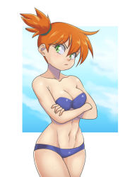 Rule 34 | 1girl, abs, asymmetrical hair, bikini, blue bikini, breasts, creatures (company), crossed arms, game freak, gez1313, green eyes, highres, legs, looking at viewer, medium breasts, misty (pokemon), muscular, navel, nintendo, pokemon, pokemon rgby, ponytail, short ponytail, side ponytail, simple background, solo, swimsuit, thighs, white background