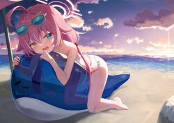 Rule 34 | 1girl, ahoge, barefoot, beach, beach umbrella, bikini, blue archive, blue eyes, blush, breast press, breasts, cloud, eyewear on head, fang, feet, hair bobbles, hair ornament, halo, heterochromia, hoshino (blue archive), hoshino (swimsuit) (blue archive), inflatable toy, inflatable whale, long hair, lying, mannack, ocean, official alternate costume, on stomach, open mouth, outdoors, pink hair, see-through, sky, small breasts, smile, solo, sunglasses, swimsuit, thighs, toes, twintails, umbrella, white bikini, yellow eyes
