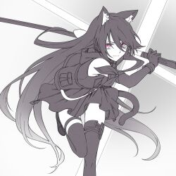 Rule 34 | 1girl, animal ear fluff, animal ears, arknights, bare shoulders, boots, cat ears, cat girl, cat tail, closed mouth, elbow gloves, foot out of frame, foot up, gloves, grey background, greyscale, hair between eyes, highres, holding, holding sheath, holding sword, holding weapon, hood, hood down, hooded jacket, jacket, knees together feet apart, kyoro (kyoroillust), long hair, looking at viewer, melantha (arknights), miniskirt, monochrome, pink eyes, pleated skirt, scabbard, serious, sheath, simple background, skirt, sleeveless, sleeveless jacket, solo, spot color, straight hair, sword, tail, thigh gap, thigh strap, thighhighs, very long hair, weapon, zettai ryouiki