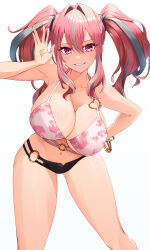 Rule 34 | 1girl, absurdres, asymmetrical bikini, azur lane, bare arms, bare shoulders, bikini, black bikini, breasts, bremerton (azur lane), collarbone, commentary request, fingernails, gold bracelet, grey hair, grin, hair between eyes, hair intakes, hair tie, heart o-ring, highres, huge breasts, kento (kentdrawing), leaning forward, long hair, looking at viewer, multicolored hair, nail polish, navel, o-ring, o-ring bikini, open hand, pink bikini, pink eyes, pink hair, pink nails, print bikini, red nails, salute, simple background, smile, smirk, solo, stomach, streaked hair, swimsuit, thighs, twintails, two-tone hair, white background