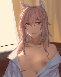 Rule 34 | 1girl, absurdres, animal ears, bare shoulders, breasts, collarbone, collared shirt, commentary, expressionless, girls&#039; frontline, hair between eyes, highres, indoors, long hair, looking at viewer, medium breasts, messy hair, nipples, off shoulder, open clothes, open shirt, persica (girls&#039; frontline), pink hair, red eyes, salty eyes, shirt, solo, upper body, white shirt, window