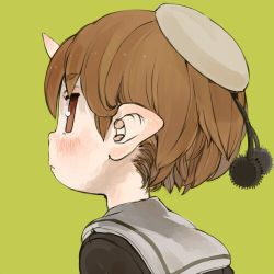 Rule 34 | 1girl, black shirt, blush, brown eyes, brown hair, closed mouth, commentary request, ebimomo, from behind, grey sailor collar, hat, horns, looking at viewer, looking back, lowres, original, pointy ears, pom pom (clothes), portrait, sailor collar, sailor hat, school uniform, serafuku, shirt, short hair, simple background, single horn, solo, yellow background