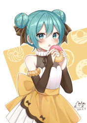 Rule 34 | 1girl, absurdres, bare shoulders, black bow, blue eyes, blue hair, blush, bow, bridal gauntlets, brown background, commentary, dated, double bun, doughnut, dress, food, food-themed background, hair bow, hair bun, hands up, hatsune miku, highres, holding, holding food, looking at viewer, noneon319, parted lips, pleated dress, signature, sleeveless, sleeveless dress, solo, symbol-only commentary, teeth, two-tone background, upper teeth only, vocaloid, white background, white dress