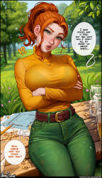 Rule 34 | !?, 1girl, absurdres, alcohol, arm support, arms under breasts, aroma sensei, beer, beer mug, belt, bench, blue sky, blueprint (object), bra visible through clothes, bralines, breast lift, breasts, crossed arms, cup, english text, freckles, grass, green eyes, green pants, head tilt, highres, jewelry, large breasts, lips, long sleeves, looking at viewer, mug, narrow waist, necklace, nose, orange hair, pants, paper, pencil, ponytail, robin (stardew valley), shirt, sitting, sky, solo, speech bubble, stardew valley, taut clothes, taut shirt, tree, turtleneck, wood