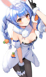 Rule 34 | 1girl, animal ears, arm up, black gloves, black leotard, black pantyhose, blue hair, blush, breasts, brown eyes, carrot, carrot hair ornament, closed mouth, detached sleeves, don-chan (usada pekora), dress, eso (toory), food-themed hair ornament, from above, fur scarf, gloves, hair ornament, hand on own thigh, highres, hololive, leotard, leotard under clothes, long hair, looking at viewer, medium breasts, pantyhose, rabbit ears, scarf, short eyebrows, short sleeves, simple background, smile, solo, thick eyebrows, usada pekora, usada pekora (1st costume), v, virtual youtuber, white background, white dress, white scarf