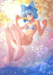 Rule 34 | 1girl, absurdres, alternate costume, bad anatomy, blue bra, blue eyes, blue hair, bra, breasts, circled 9, cirno, eating, flying, food, highres, ice, ice wings, mechrailgun, panties, popsicle, short hair, small breasts, striped bra, striped clothes, thighhighs, touhou, tree, underwear, water, white bra, white panties, white thighhighs, wings