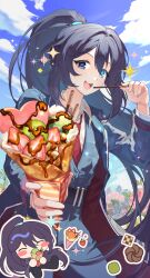 Rule 34 | 1boy, absurdres, black coat, black eyes, black pants, black vest, blue eyes, blue hair, blue sky, chibi, coat, collared shirt, commentary, crepe, flower, food, fruit, heterochromia, high ponytail, highres, holding, holding food, hong lu (project moon), ice cream, kiwi (fruit), kiwi slice, limbus company, long hair, long sleeves, looking at viewer, male focus, necktie, open mouth, pants, pikett iv, pocky, project moon, red necktie, shirt, sidelocks, sky, smile, solo, sparkle, sticker, strawberry, very long hair, vest, white shirt