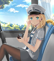 Rule 34 | 1girl, :3, aqua eyes, ashzone harumichi, blonde hair, closed umbrella, cloud, curtains, day, earbuds, earphones, handheld game console, hat, highres, holding, jacket, light rays, looking at viewer, open mouth, original, pantyhose, playstation portable, playstation vita, sailor hat, shirt, shoboon, short hair, sitting, skirt, sky, solo, thighhighs, train, train interior, tree, umbrella, window