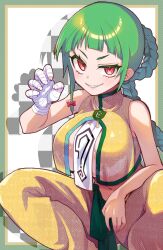 Rule 34 | 1girl, braid, breasts, china dress, chinese clothes, dress, green hair, hand up, highres, large breasts, nachisuke, red eyes, sleeveless, smile, solo, squatting