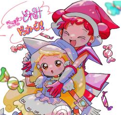 Rule 34 | &gt; &lt;, 2girls, :d, blonde hair, blush, candy, closed eyes, commentary, copyright name, double bun, dress, earrings, food, gloves, hair bun, hand up, harukaze doremi, hat, hug, hug from behind, jewelry, long hair, looking at another, magical girl, makihatayama hana, multiple girls, ojamajo doremi, open mouth, outstretched arm, pink dress, pink gloves, pink headwear, puffy short sleeves, puffy sleeves, red hair, short hair, short sleeves, smile, twintails, very long hair, white dress, white gloves, white headwear, wing hair ornament, witch hat, yuta (mrq182)