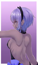 Rule 34 | 1girl, absurdres, back, backless outfit, bare back, bare shoulders, black bodysuit, black hairband, bodysuit, breasts, closed mouth, commentary request, dark-skinned female, dark skin, fate/prototype, fate/prototype: fragments of blue and silver, fate (series), hair between eyes, hairband, hassan of serenity (fate), highres, medium breasts, outstretched arm, profile, purple background, purple eyes, purple hair, solo, two-tone background, upper body, white background, zongren