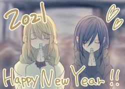 Rule 34 | 2021, 2girls, aihara mei, aihara yuzu, black hair, blonde hair, citrus (saburouta), closed eyes, engagement ring, english text, glidesloe, happy new year, head bowed, highres, inseki, jacket, jewelry, multiple girls, new year, own hands together, ring, scarf, step-siblings, winter