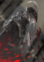 Rule 34 | 1girl, artist request, ascot, blonde hair, blood, bloodborne, gloves, hat, hat feather, highres, lady maria of the astral clocktower, long hair, ponytail, rakuyo (bloodborne), solo, sword, the old hunters, tricorne, weapon, white hair