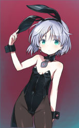 Rule 34 | 1girl, animal ears, aqua eyes, bare shoulders, black leotard, blush, breasts, cowboy shot, detached collar, fake animal ears, gradient background, grey hair, highleg, highleg leotard, highres, leotard, looking at viewer, necktie, paid reward available, pantyhose, playboy bunny, rabbit ears, sanya v. litvyak, shimada fumikane, short hair, small breasts, solo, strapless, strapless leotard, strike witches, world witches series, wrist cuffs