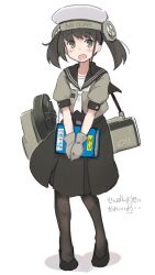 Rule 34 | 1girl, absurdres, bag, black footwear, black pantyhose, black sailor collar, black skirt, blush, book, clothes writing, commentary request, fairy (kancolle), full body, gloves, grey gloves, hair ornament, hat, highres, holding, holding book, kantai collection, long hair, looking at viewer, ma rukan, neckerchief, open mouth, pantyhose, sailor collar, school uniform, serafuku, shoes, short sleeves, simple background, skirt, solo, translation request, twintails, white background, white neckerchief