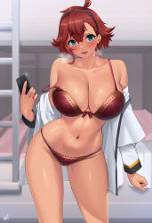Rule 34 | 1girl, bare shoulders, bed, black hairband, blue eyes, blush, bra, breasts, cellphone, cleavage, collarbone, gundam, gundam suisei no majo, hairband, highres, holding, holding phone, kisaragi tsurugi, large breasts, long sleeves, looking at viewer, navel, off shoulder, panties, parted lips, phone, red bra, red hair, red panties, revision, signature, smartphone, smile, solo, suletta mercury, thighs, underwear