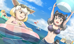 Rule 34 | 10s, 6+girls, :3, afloat, animal ears, armpits, arms up, ball, bare arms, bare legs, bare shoulders, barefoot, beachball, bikini, bird tail, black bow, black hair, blonde hair, blue sky, blush stickers, bow, bow bikini, breasts, brown bikini, brown eyes, cloud, commentary, common raccoon (kemono friends), day, diving mask, diving mask on eyes, dutch angle, extra ears, eyewear on head, fang, fennec (kemono friends), floating, fox ears, goggles, goggles on head, green hair, grey bikini, hand rest, head wings, holding, holding ball, inflatable raft, innertube, jaguar (kemono friends), jaguar ears, japanese crested ibis (kemono friends), japari symbol, john (a2556349), kemono friends, light brown hair, looking at another, medium breasts, medium hair, multicolored hair, multiple girls, navel, ocean, one-piece swimsuit, open mouth, otter ears, outdoors, outstretched arms, partially submerged, pink bikini, purple bikini, raccoon ears, raccoon tail, red hair, red one-piece swimsuit, serval (kemono friends), serval tail, shoebill (kemono friends), short hair, side-tie bikini bottom, side-tie bottom, sky, small-clawed otter (kemono friends), smile, snorkel, snorkel in mouth, splashing, staring, stomach, striped tail, sunglasses, swim ring, swimming, swimsuit, tail, tibetan fox (kemono friends), two side up, water, wet, wet hair, white hair, wings, yellow bow