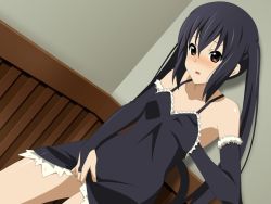 Rule 34 | 1girl, bare shoulders, black dress, black hair, blush, grabbing another&#039;s breast, breasts, bridal gauntlets, brown eyes, clothes lift, dress, dutch angle, elbow gloves, female masturbation, fingerless gloves, gloves, grabbing, grabbing own breast, highres, k-on!, long hair, masturbation, minarui, nakano azusa, open mouth, skirt, skirt lift, small breasts, solo, twintails