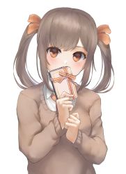 Rule 34 | 1girl, bad id, bad pixiv id, blush, box, brown hair, brown sweater, collared shirt, covering own mouth, gift, gift box, hair ornament, highres, holding, long hair, long sleeves, looking at viewer, marulire, morinaga miu, morinaga miu channel, orange eyes, orange ribbon, ribbon, shirt, simple background, solo, sweater, twintails, undershirt, upper body, virtual youtuber, white background, white shirt