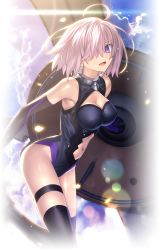 Rule 34 | 1girl, armor, armored boots, black thighhighs, boots, breasts, cleavage, cloud, cloudy sky, fate/grand order, fate (series), hair over one eye, highres, lens flare, looking at viewer, mash kyrielight, navel, official art, open mouth, pink hair, purple eyes, shield, shiny skin, short hair, sky, smile, solo, takeuchi takashi, thighhighs