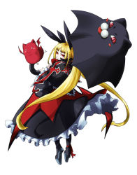 Rule 34 | 1girl, :3, :p, arc system works, bat (animal), blazblue, blazblue: continuum shift, blonde hair, blunt bangs, blush stickers, capelet, cat, colored skin, cross, flying, frills, from behind, full body, gii, goth fashion, hair ribbon, katou yuuki, long hair, looking back, nago, o o, official art, parasol, platform footwear, rachel alucard, red eyes, red skin, ribbon, sandals, simple background, skirt, socks, solo, standing, tongue, tongue out, twintails, umbrella, vampire, very long hair, yuki kato