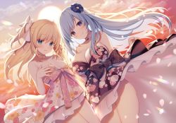 Rule 34 | 2girls, backlighting, bare arms, bare shoulders, black kimono, blonde hair, blue eyes, blue hair, bow, breasts, cherry blossoms, choker, cleavage, emori el, emori miku, floating hair, floral print, flower, hair bow, hair flower, hair ornament, highres, japanese clothes, kanzashi, kimono, large breasts, liver city, long hair, looking at viewer, medium breasts, miko (royal milk), multiple girls, petals, pink kimono, print kimono, smile, strapless, sun, sunlight, thighs, two side up, white bow