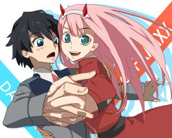 Rule 34 | 10s, 1boy, 1girl, bad id, bad pixiv id, black hair, blue eyes, blush, couple, dancing, darling in the franxx, green eyes, holding hands, hiro (darling in the franxx), horns, long hair, looking at viewer, military, military uniform, necktie, notnome, oni horns, orange neckwear, pink hair, red neckwear, short hair, uniform, zero two (darling in the franxx)