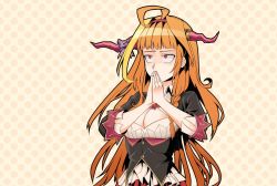 Rule 34 | 1girl, ahoge, blouse, bow, braid, breasts, breath in boi (meme), cleavage cutout, clothing cutout, collared shirt, commentary, diagonal-striped bow, english commentary, hololive, horns, kiryu coco, kiryu coco (1st costume), large breasts, long hair, meme, niell sugata, orange hair, own hands together, red eyes, shirt, side braid, single braid, solo, very long hair, virtual youtuber, white shirt