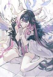 1girl black_hair closed_eyes coat columbina_(genshin_impact) dress genshin_impact hair_flaps hair_ribbon head_tilt head_wings highres long_hair low-tied_sidelocks multicolored_hair multiple_wings owwwi3 pink_hair ribbon seraph sidelocks sitting solo sparkle streaked_hair thighhighs tile_floor tiles two-tone_hair very_long_hair wariza white_coat white_dress white_ribbon white_thighhighs white_wings wings wrist_cuffs