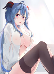 Rule 34 | 1girl, absurdres, ahoge, asymmetrical legwear, bare shoulders, blue hair, breasts, brown legwear, collarbone, collared shirt, commentary request, covered erect nipples, dress shirt, feet out of frame, ganyu (genshin impact), genshin impact, hair between eyes, highres, horns, kara (color1087), knees up, long hair, medium breasts, naked shirt, open clothes, open shirt, red eyes, shirt, solo, thighhighs pull, torn clothes, torn legwear, very long hair, white shirt