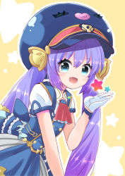 Rule 34 | :3, blue eyes, blue skirt, closed eyes, commentary, eel hat, fang, gloves, heart, long hair, looking at viewer, mitsugushi yuu, neckerchief, open mouth, otomachi una, purple hair, red neckerchief, short sleeves, skin fang, skirt, smile, solo, star (symbol), starry background, twintails, uniform, upper body, very long hair, vocaloid, white gloves, yellow background