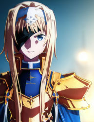 Rule 34 | 1girl, alice zuberg, armor, blonde hair, blue background, blue cape, blue eyes, breastplate, cape, eyepatch, frown, gold armor, gradient background, hair intakes, hairband, highres, long hair, looking at viewer, pauldrons, shoulder armor, sidelocks, solo, sword art online, upper body, white hairband